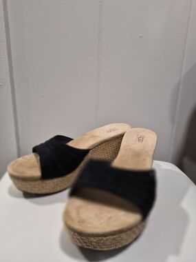 UGG Black Suede Wedge Slide with Espadrille Platform